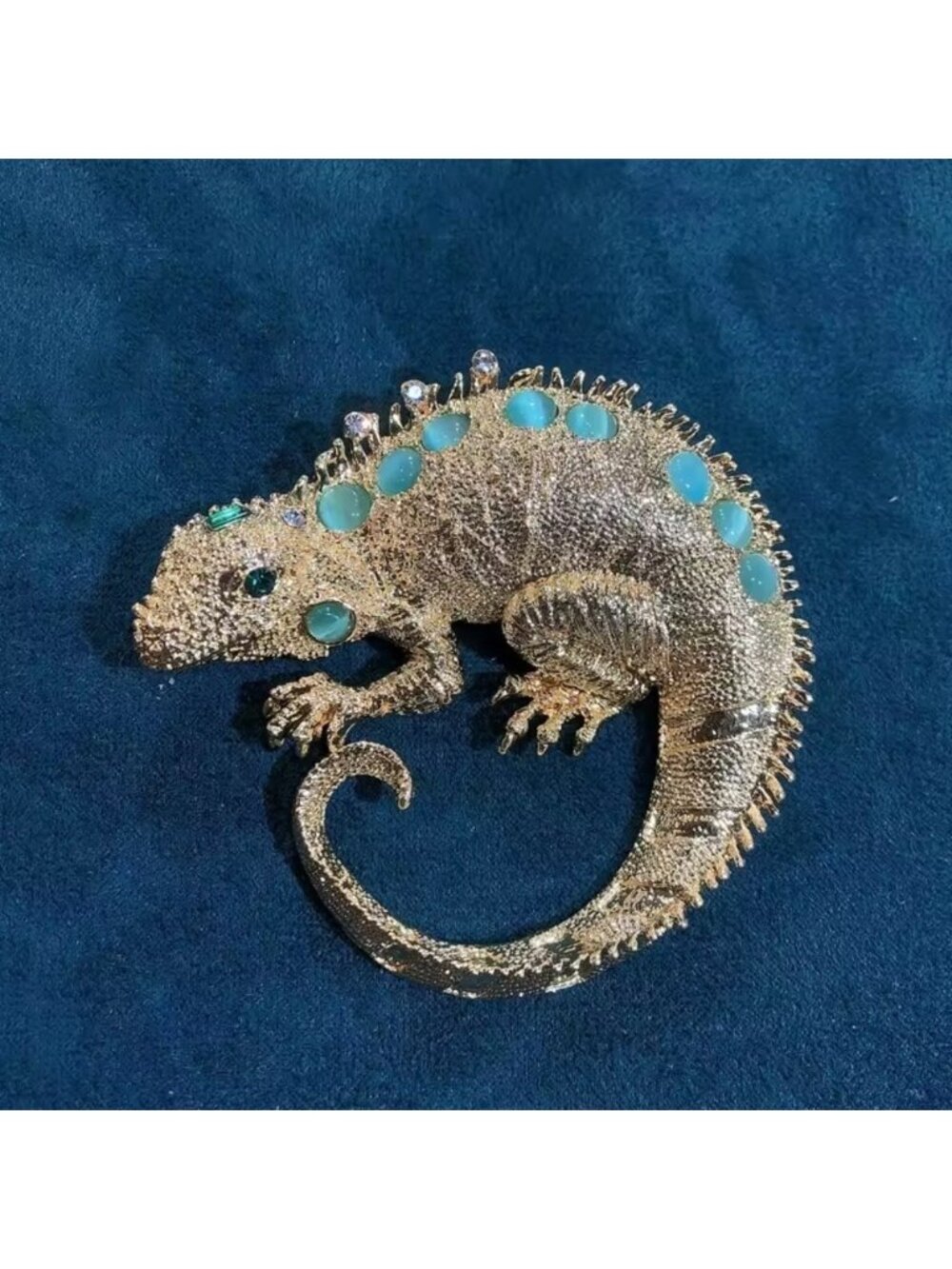 Gothic Gold Lizard Jeweled Reptile with Aqua Crystal Spikes